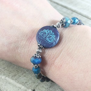 Blue and Purple Lotus Stretch Bracelet with Czech Glass Beads