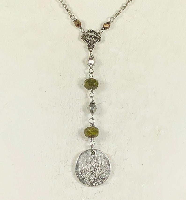 Tierra Cast Silver Tree Pendant with Czech Green Hurricane Beads and Silver Plated Spacer Beads