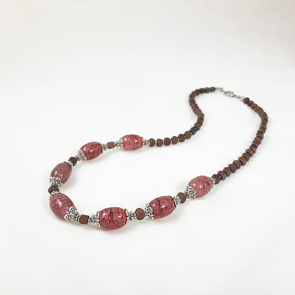 Autumn Choker with Deep Red Dragon's Vein Agate Oval Bead, Layered Bead Caps and Matte Red Hematite Cubes