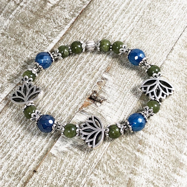 Silver Lotus Bracelet with Faceted Mystic Coated Blue Quartz and Green Jade Gemstone Beads with Pewter Beadcaps