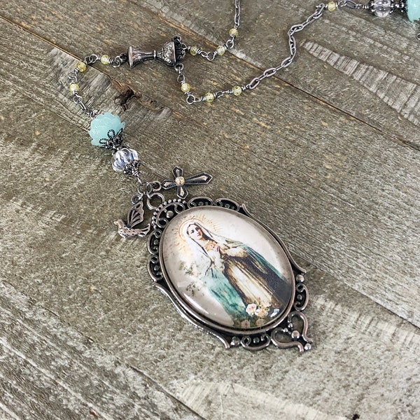 Holy Madonna in Blue Glass Cabochon in Silver Setting with Blue Coral Lotus Flowers, Czech Clear AB Rondelles