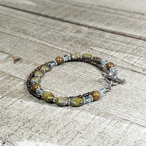 Czech Glass Bracelet with Green and Blue Oval Beads and Bronze, Silver Toggle Clasp