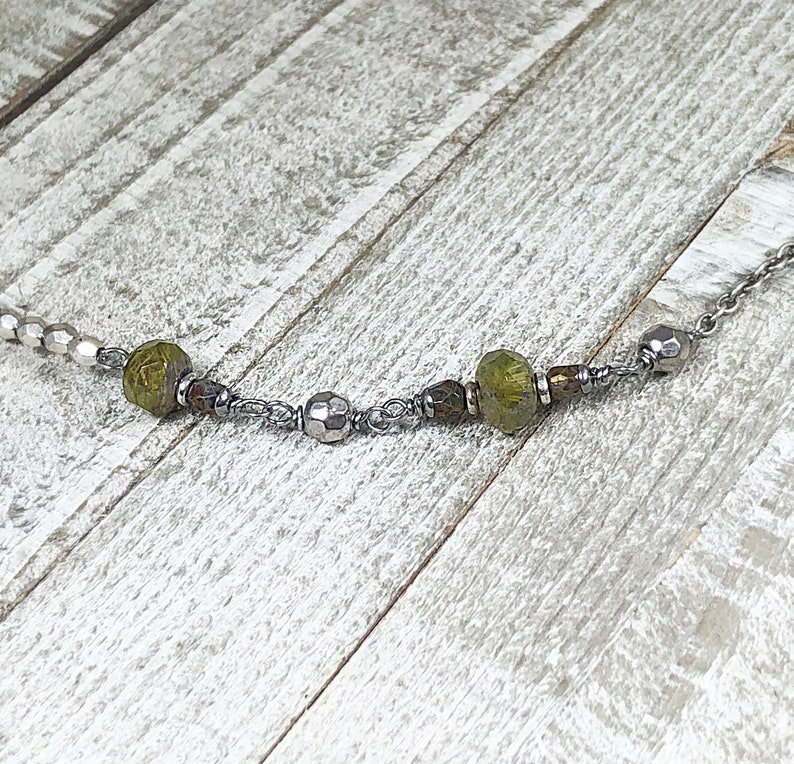 Tierra Cast Silver Tree Pendant with Czech Green Hurricane Beads and Silver Plated Spacer Beads