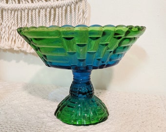 Blue Stemmed Dish, Candy Dish, Miniature Cake Stand, Blue Green Display Bowl, Glass Dish