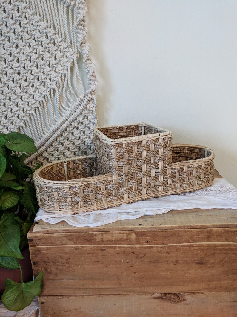 Wicker Desk Organizer Boho Woven Three Compartment Plater Tri Level Planter Vintage Bohemian
