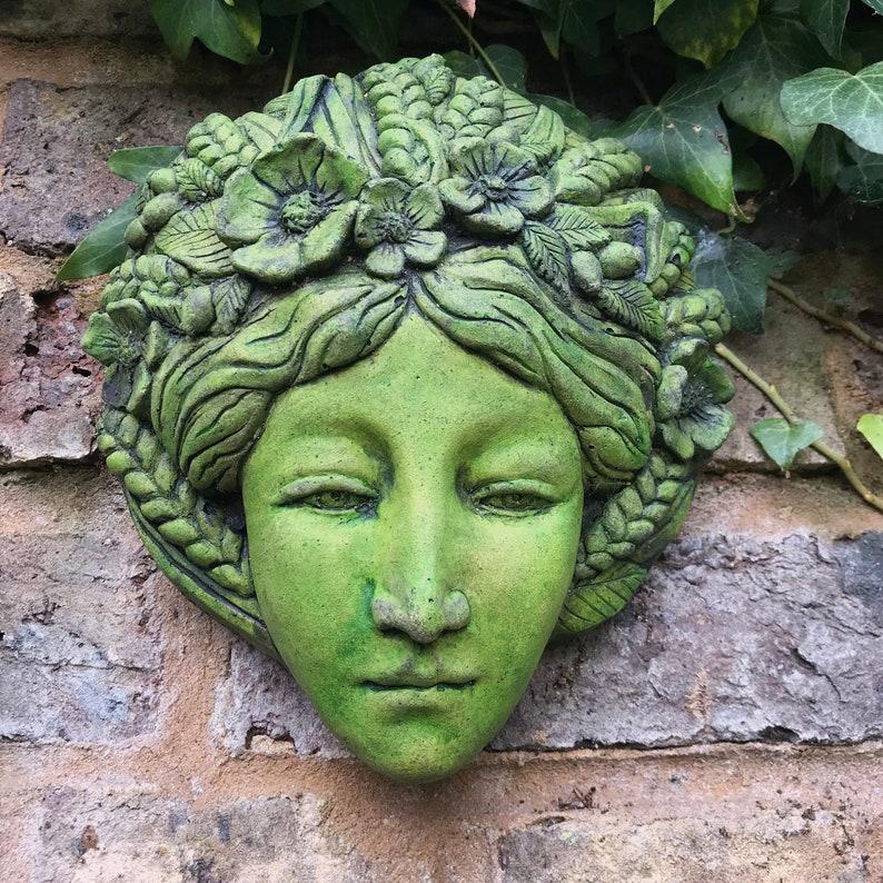 Harvest Goddess green lady wall plaque© stone garden ornament | Etsy