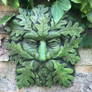 Quercus green man wall plaque© stone garden ornament 19cm/7.5" H + FREE GIFT!