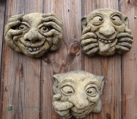 Set Von 3 Wasserspeier Lustige Gesicht Stein Garten Wand Etsy