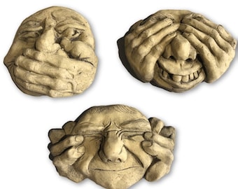 Hören, sehen und sprechen Sie nichts Böses Reihe von Wasserspeier lustige Gesicht Wand Plaketten „Evils“ © Garten Ornamente