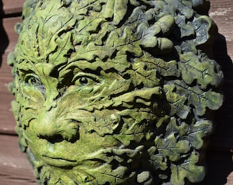Eikenhouten eikel groene man muurplaat stenen tuinornament + GRATIS CADEAU!