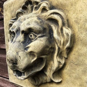 May include: A square, beige-coloured stone wall plaque featuring a high-relief sculpture of a lion's head. The lion has a textured mane, wide eyes, and an open mouth, with dark shading in the crevices to highlight the detailed facial features.