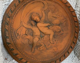 Palaemon child sea god on dolphin classical decorative round wall plaque 56cm/22" diam