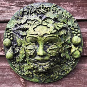 Autumn celtic green man wall plaque© stone garden ornament + FREE GIFT!