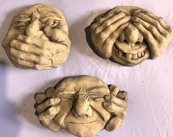 Hear See & Speak No Evil set of gargoyle funny face wall plaques "Evils" © garden ornaments