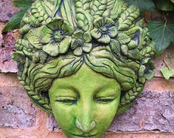 Harvest Goddess green lady wall plaque© stone garden ornament + FREE GIFT!