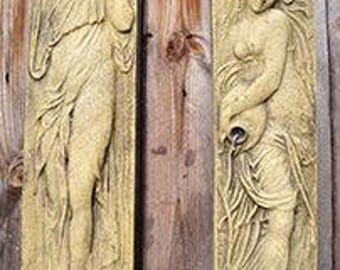 Paar vrouwelijke tuinmuurplaten waterdragers decoratieve stenen tuinornamenten 43 cm/17"H