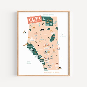 Alberta Map Print // 8x10" or 11x14" Illustrated Map of Alberta, Canada on Fine-art Paper // Edmonton, Calgary, Banff, Jasper, Waterton
