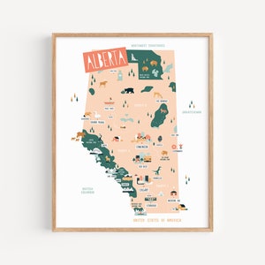 Impression de carte de l'Alberta // Carte illustrée de l'Alberta sur papier beaux-arts // Edmonton, Calgary, Banff, Jasper, Waterton // 8 x 10, 11 x 14 ou 12 x 16