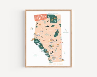 Alberta Map Print, Illustrated Travel Art, Edmonton, Calgary, Banff