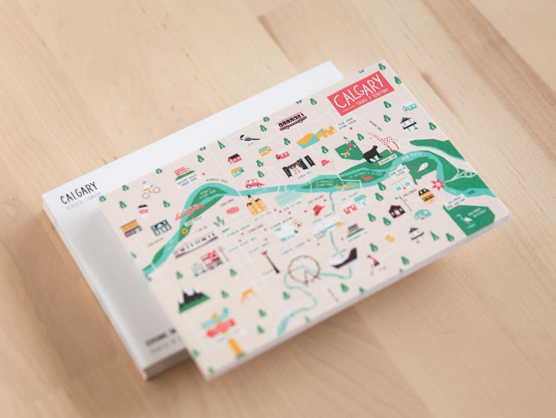 Colourful postcard of Calgary, Alberta, Canada by illustrator Stephanie Simpson