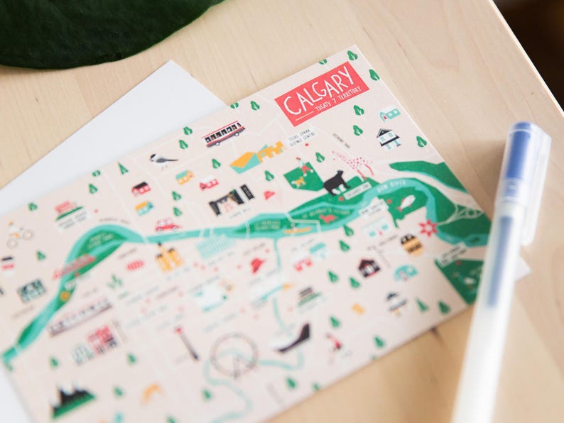 Colourful postcard of Calgary, Alberta, Canada by illustrator Stephanie Simpson