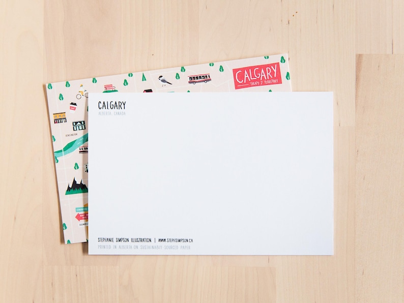 Colourful postcard of Calgary, Alberta, Canada by illustrator Stephanie Simpson