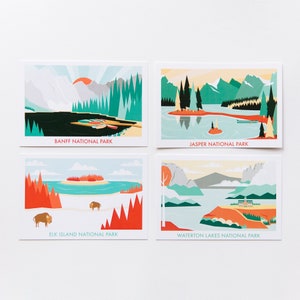 National Parks Postcards // Set of 4 4x6" Postcards of Alberta Parks by Stephanie Simpson // Banff, Jasper, Elk Island, Waterton