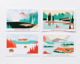 National Parks Postcards // Set of 4 4x6" Postcards of Alberta Parks by Stephanie Simpson // Banff, Jasper, Elk Island, Waterton