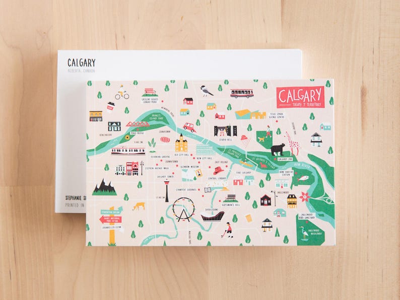 Colourful postcard of Calgary, Alberta, Canada by illustrator Stephanie Simpson