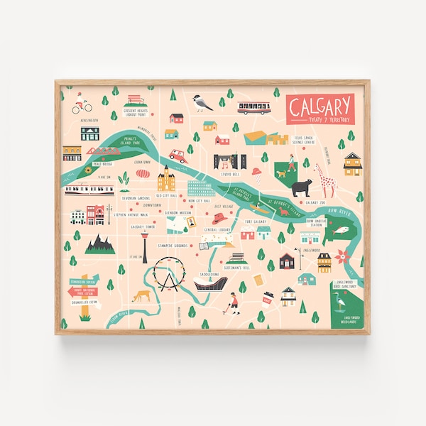 Calgary Map Print // 8x10" Illustrated Map of Calgary, Alberta, Canada on Fine-art Paper // Calgary Tower, Saddledome, Stampede + More