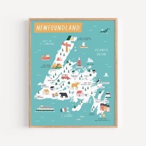 Impression de carte de Terre-Neuve// Carte illustrée de Terre-Neuve-et-Labrador 8 x 10" ou 11 x 14" ft. St. John's, Trinity, Twillingate // Fabriqué au Canada !