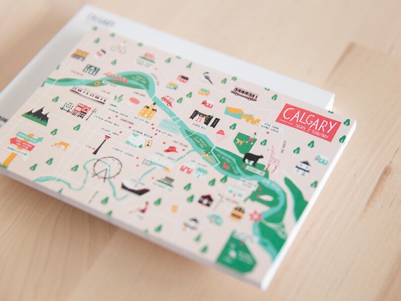 Colourful postcard of Calgary, Alberta, Canada by illustrator Stephanie Simpson