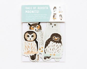 Owls of Alberta Magnet Pack // Set of 4 // Great Horned Owl, Snowy Owl, Saw Whet Owl, Northern Pygmy Owl