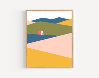 Red House #2 Print (2020) // 8x10" Minimalist Print on Fine-art Paper // Midcentury Modern-inspired Landscapes in Ochre, Coral, French Blue