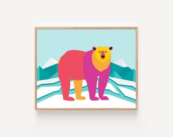 Polar Bear Print // 8x10" or 11x14" Animal Print on Fine-art Paper // Colourful, Geometric Animal Art for Office, Nursery, Playroom