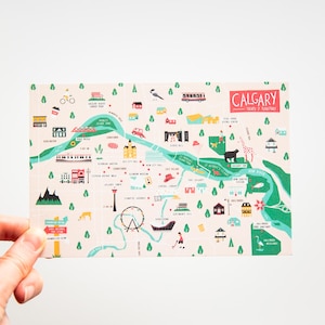 Colourful postcard of Calgary, Alberta, Canada by illustrator Stephanie Simpson
