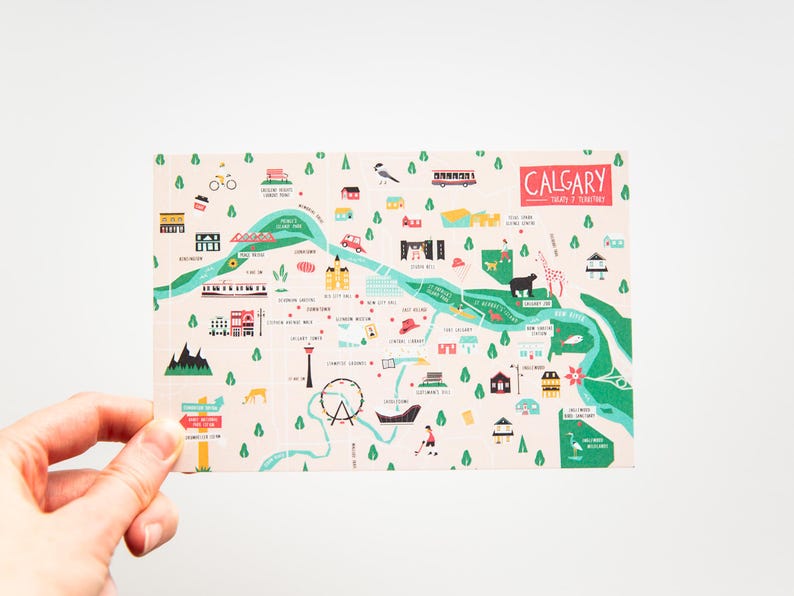 Colourful postcard of Calgary, Alberta, Canada by illustrator Stephanie Simpson