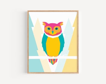 Neon Owl Print // 8x10" x 11x14" Illustrated Animal Print on Fine-art Paper // Colourful, Geometric Animal Art for Office, Nursery, Playroom