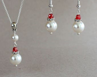 White Swarovski pearls bright red Czech fire polished crystals wedding bridesmaid bridal set silver pendant necklace earrings jewelry set