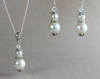 White (off-white) Swarovski pearls wedding jewelry set, silver pendant necklace drop dangle earrings bridesmaid accessory, bridal set