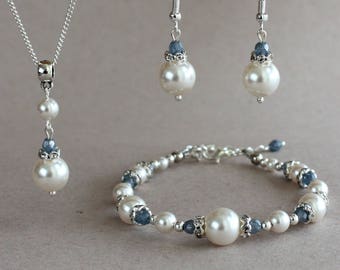 White Swarovski pearls blue Czech fire polished crystals wedding bridesmaid bridal set silver pendant necklace earrings bracelet jewelry set