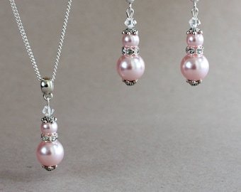 Light pink blush Swarovski pearls wedding jewelry set, silver pendant necklace dangle earrings bridesmaid accessory set, vintage bridal set