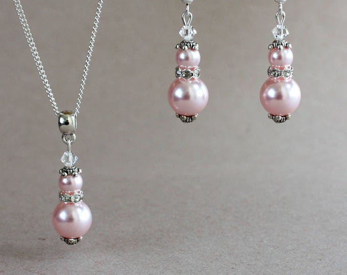 Light pink blush Swarovski pearls wedding jewelry set, silver pendant necklace dangle earrings bridesmaid accessory set, vintage bridal set