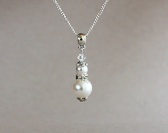 White (off-white) Swarovski pearls crystals silver chain pendant necklace, bridesmaid bridal accessory, rhinestone wedding jewelry