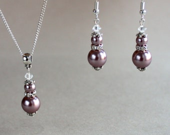 Mink brown bronze faux pearls Swarovski crystals vintage silver pendant necklace drop dangle earrings wedding bridesmaid bridal jewelry set