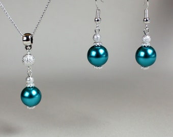 Teal Faux Pearl Jewelry Set, Silver Stardust Beads, Bridal Bridesmaid
