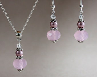 Bridesmaid jewelry light pink blush crystals dusky powder rose Swarovski pearls silver pendant necklace earrings vintage wedding bridal set