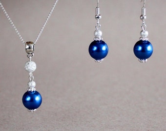 Royal Blue Faux Pearl Jewelry Set, Silver Plated Necklace Earrings