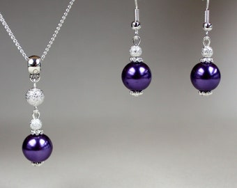 Purple Pearl Necklace and Earrings Set, Silver Plated Jewelry