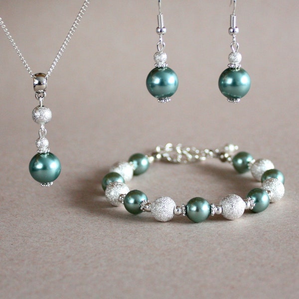 Mint sea-foam green Czech pearls stardust beads silver earrings pendant necklace bracelet wedding bridesmaid accessory bridal jewelry set